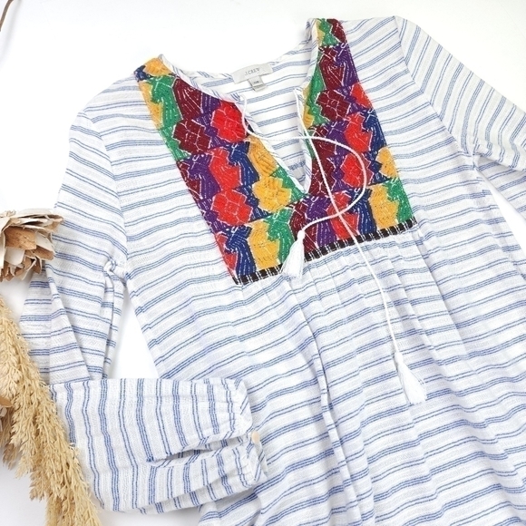 New J. Crew Boho White Stripe Multicolored Embroidered Cotton Dress Sz X… - Picture 3 of 11